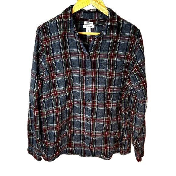 L.L. Bean Grey Stewart Tartan Plaid Relaxed Fit Flannel Shirt Size L - Picture 3 of 12